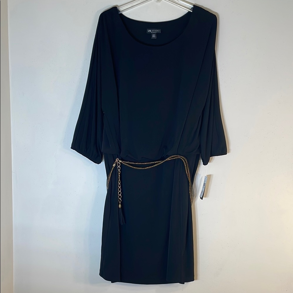 IN Studio Chic Black Dress With Chain Belt Details. 20W. NWT.